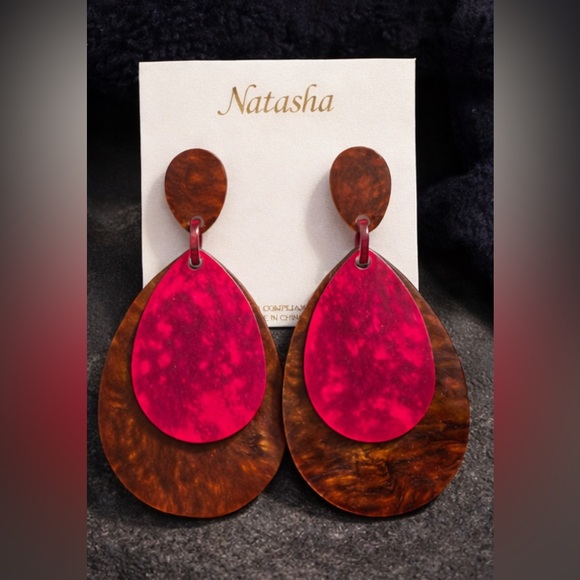 Natasha Layered Teardrop Resin Statement Studded Earrings Red Brown NEW - Picture 1 of 7